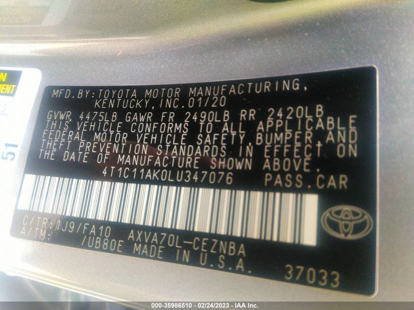 2020 TOYOTA CAMRY LE - 4T1C11AK0LU347076