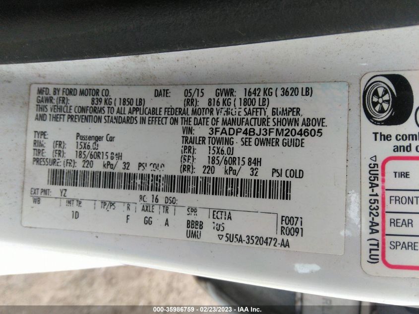 2015 FORD FIESTA SE - 3FADP4BJ3FM204605