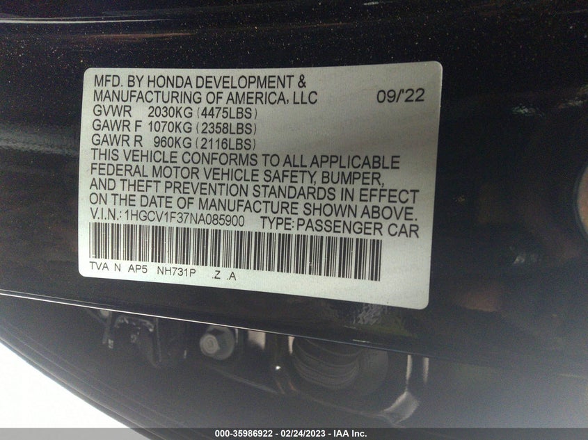 VIN 1HGCV1F37NA085900 2022 HONDA ACCORD SEDAN SPORT