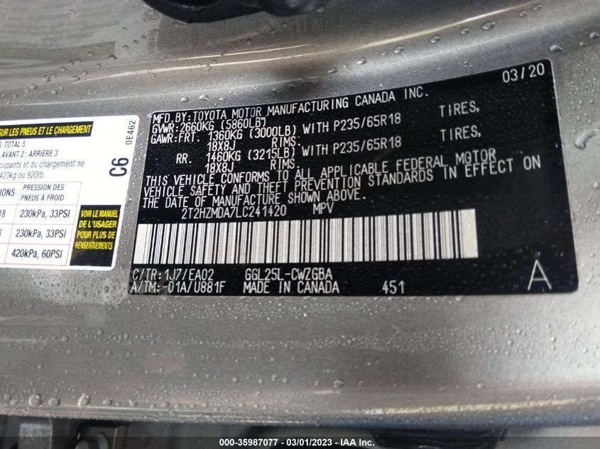 2020 LEXUS RX RX 350 - 2T2HZMDA7LC241420