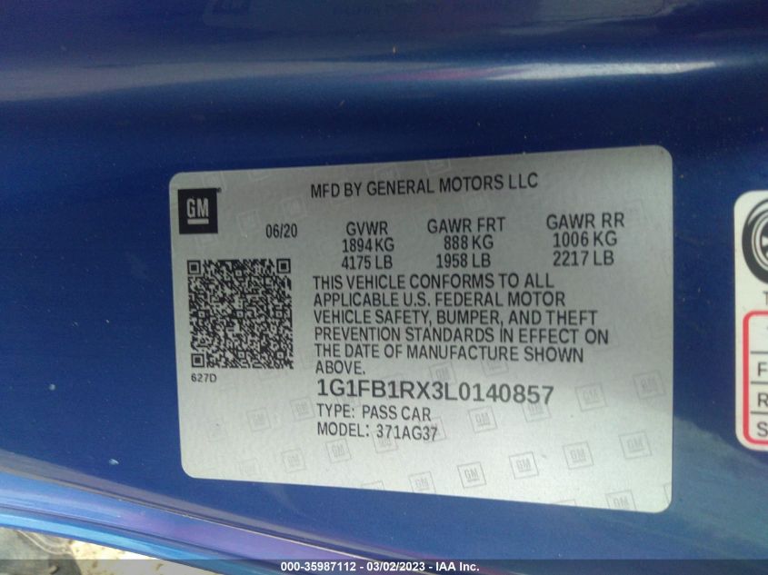2020 CHEVROLET CAMARO 1LT - 1G1FB1RX3L0140857