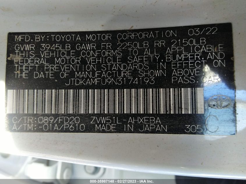 2022 TOYOTA PRIUS L - JTDKAMFU9N3174193
