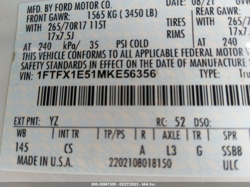 2021 FORD F-150 XL/XLT/LARIAT - 1FTFX1E51MKE56356