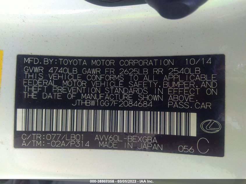 2015 LEXUS ES 300H HYBRID - JTHBW1GG7F2084684