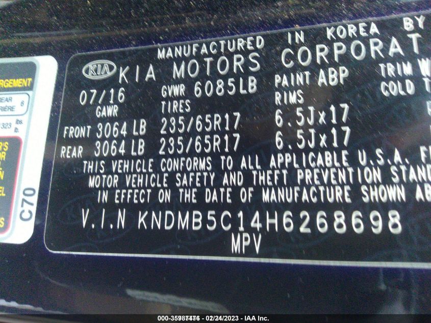 2017 KIA SEDONA LX - KNDMB5C14H6268698