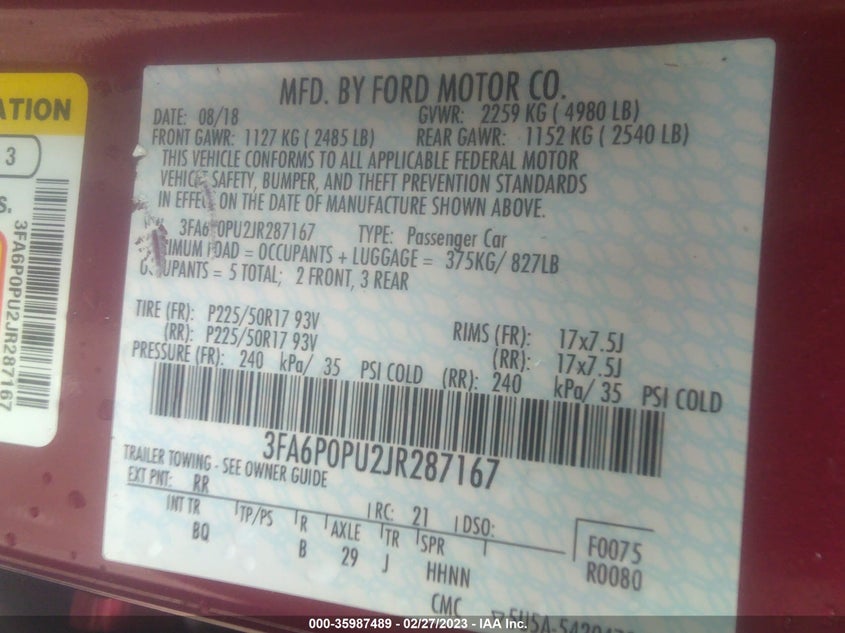 VIN 3FA6P0PU2JR287167 2018 FORD FUSION ENERGI SE
