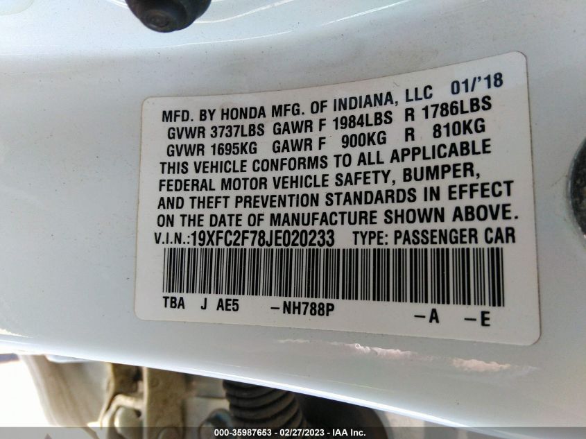 2018 HONDA CIVIC SEDAN EX - 19XFC2F78JE020233