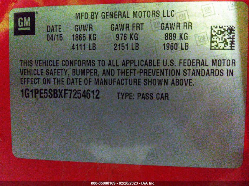 2015 CHEVROLET CRUZE LT - 1G1PE5SBXF7254612