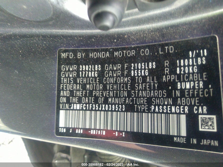 VIN JHMFC1F35JX039523 2018 HONDA CIVIC SEDAN EX-T
