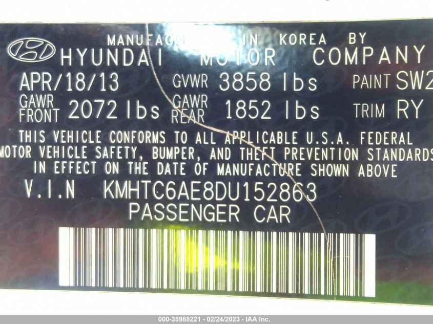 2013 HYUNDAI VELOSTER TURBO W/BLUE INT - KMHTC6AE8DU152863