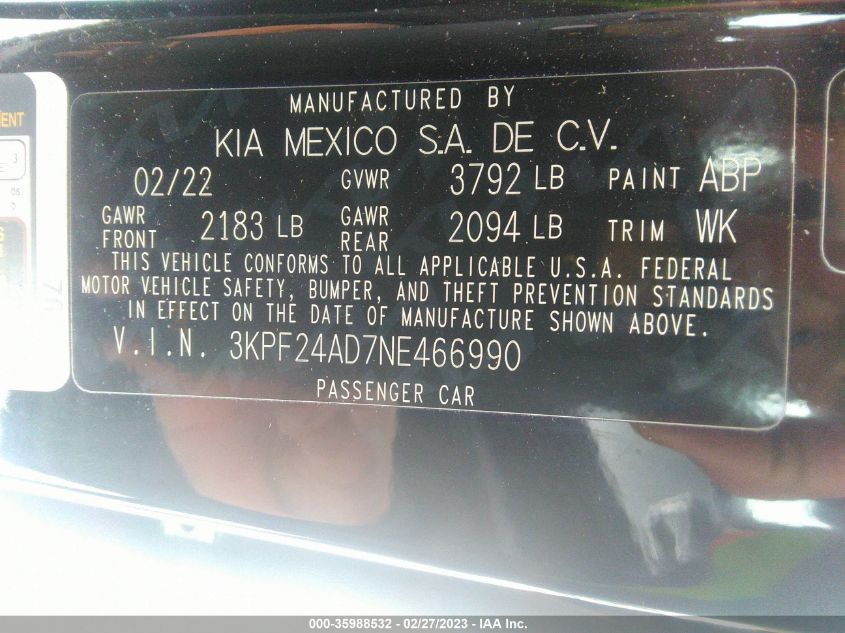 2022 KIA FORTE LXS - 3KPF24AD7NE466990