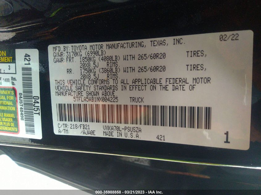 2022 TOYOTA TUNDRA 2WD SR5 5TFLA5AB1NX004225
