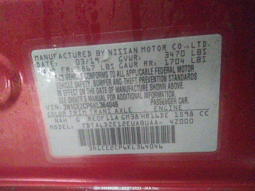 VIN 3N1CE2CP6KL364046 2019 NISSAN VERSA NOTE SV