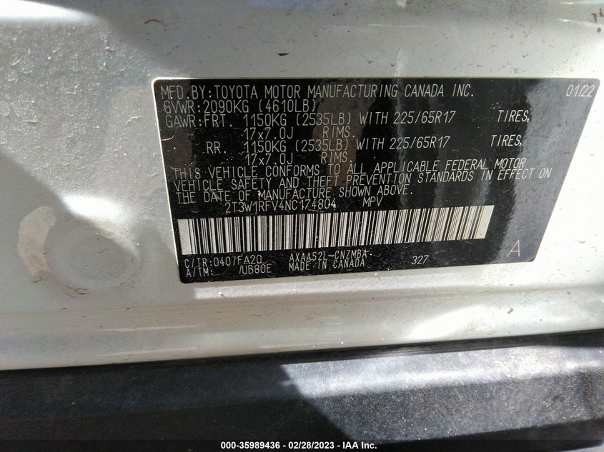VIN 2T3W1RFV4NC174804 2022 TOYOTA RAV4 XLE