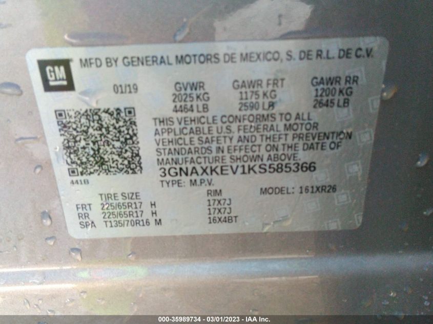 2019 CHEVROLET EQUINOX LT - 3GNAXKEV1KS585366