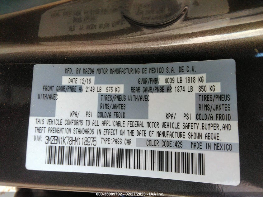 VIN 3MZBN1K78HM118975 2017 MAZDA MAZDA3 5-DOOR SPORT