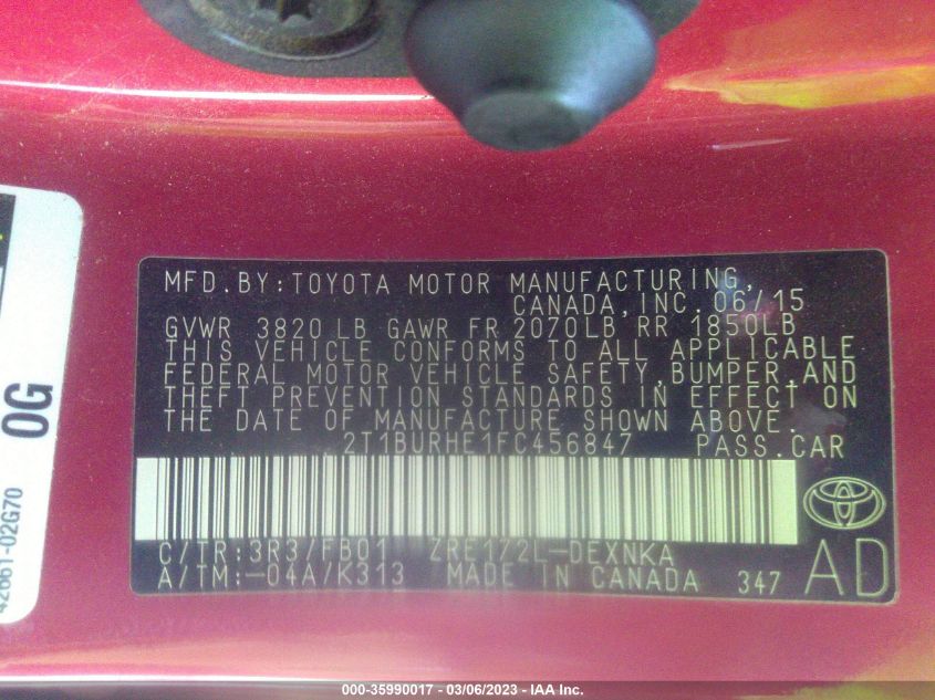 2015 TOYOTA COROLLA L/LE/S/S PLUS/LE PLUS - 2T1BURHE1FC456847