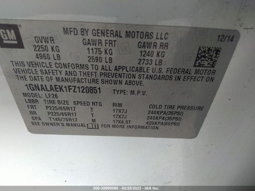 2015 CHEVROLET EQUINOX LS - 1GNALAEK1FZ120851