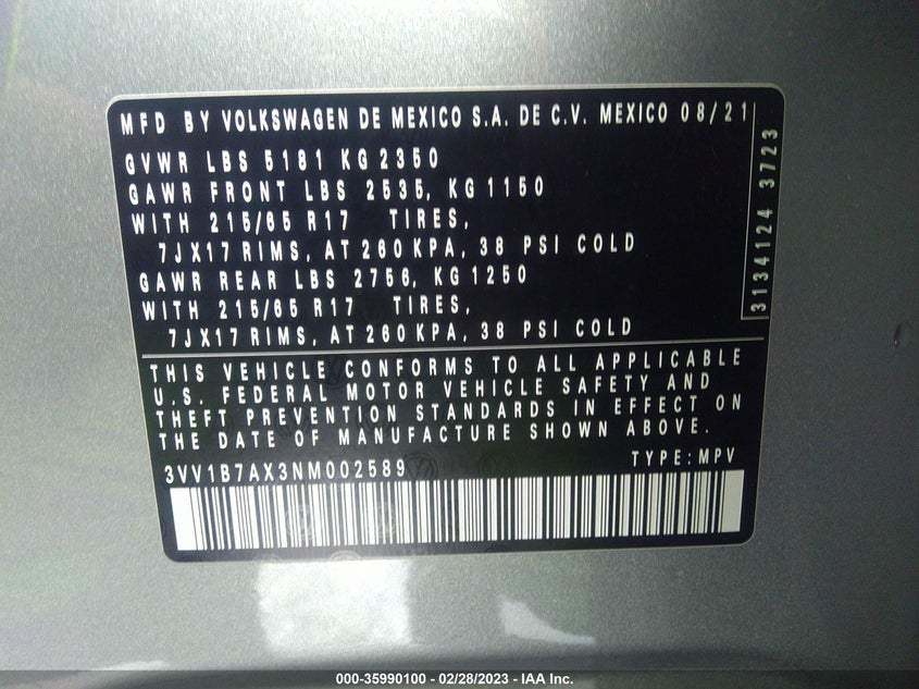 VIN 3VV1B7AX3NM002589 2022 VOLKSWAGEN TIGUAN S