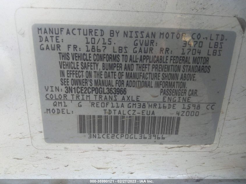 2016 NISSAN VERSA NOTE S/S PLUS/SV/SR/SL - 3N1CE2CP0GL363966