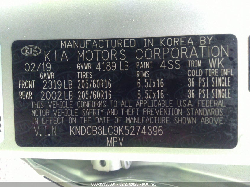 VIN KNDCB3LC9K5274396 2019 KIA NIRO LX
