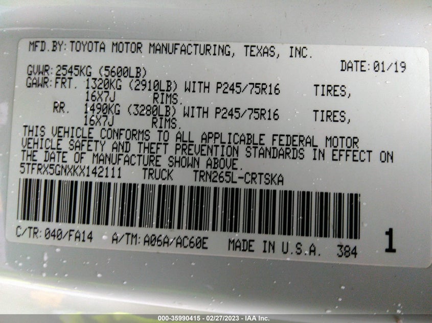 VIN 5TFRX5GNXKX142111 2019 TOYOTA TACOMA 2WD SR/SR5