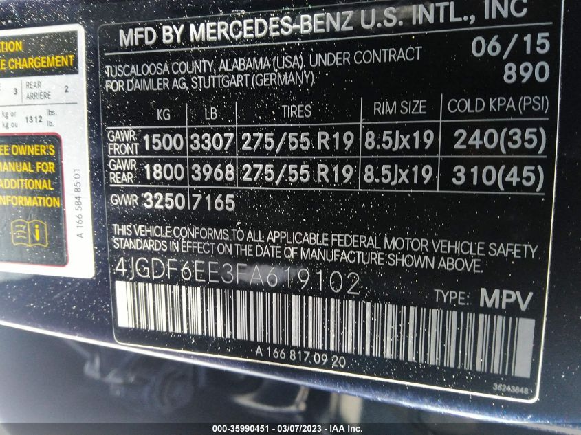 2015 MERCEDES-BENZ GL-CLASS GL 450 4JGDF6EE3FA619102