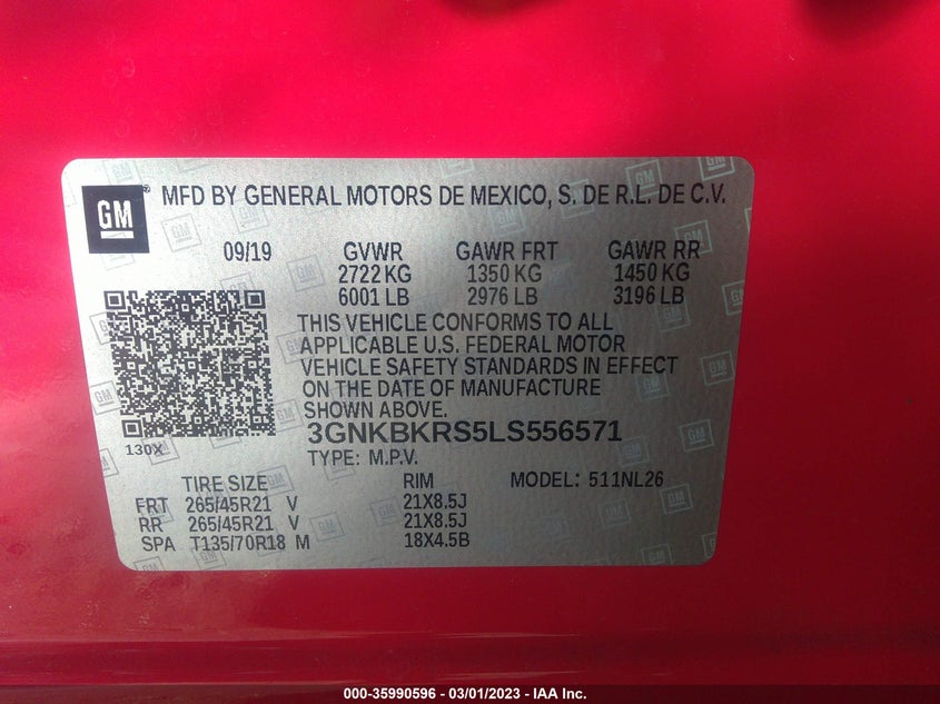 VIN 3GNKBKRS5LS556571 2020 CHEVROLET BLAZER RS