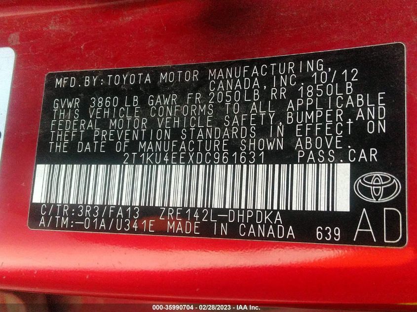 2013 TOYOTA MATRIX L 2T1KU4EEXDC961631