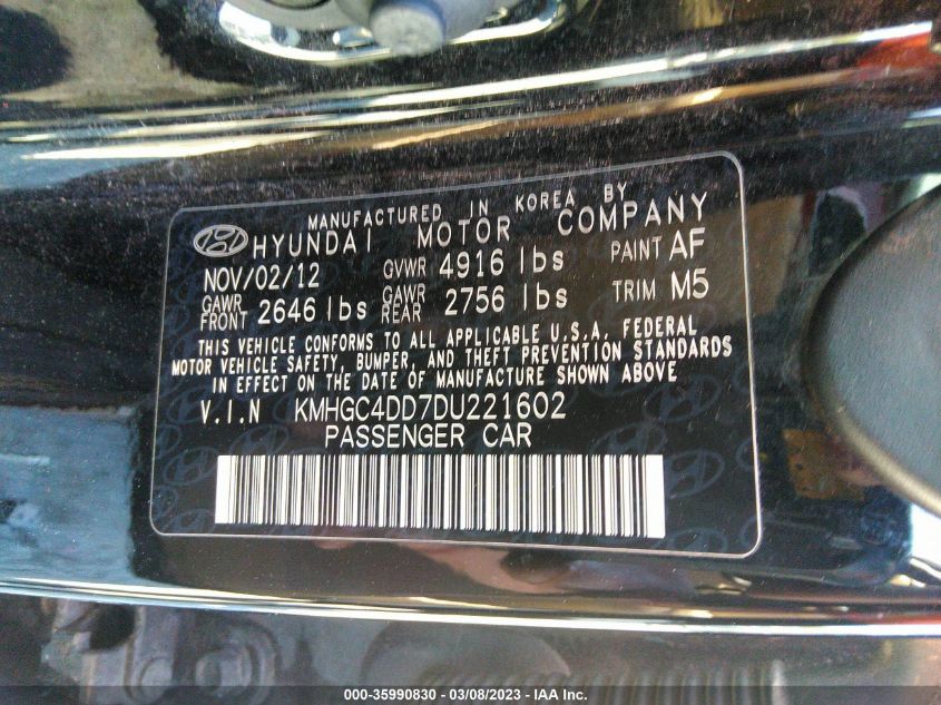 2013 HYUNDAI GENESIS 3.8L - KMHGC4DD7DU221602