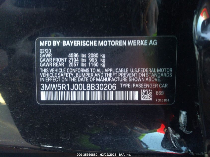 2020 BMW 3 SERIES 330I - 3MW5R1J00L8B30206