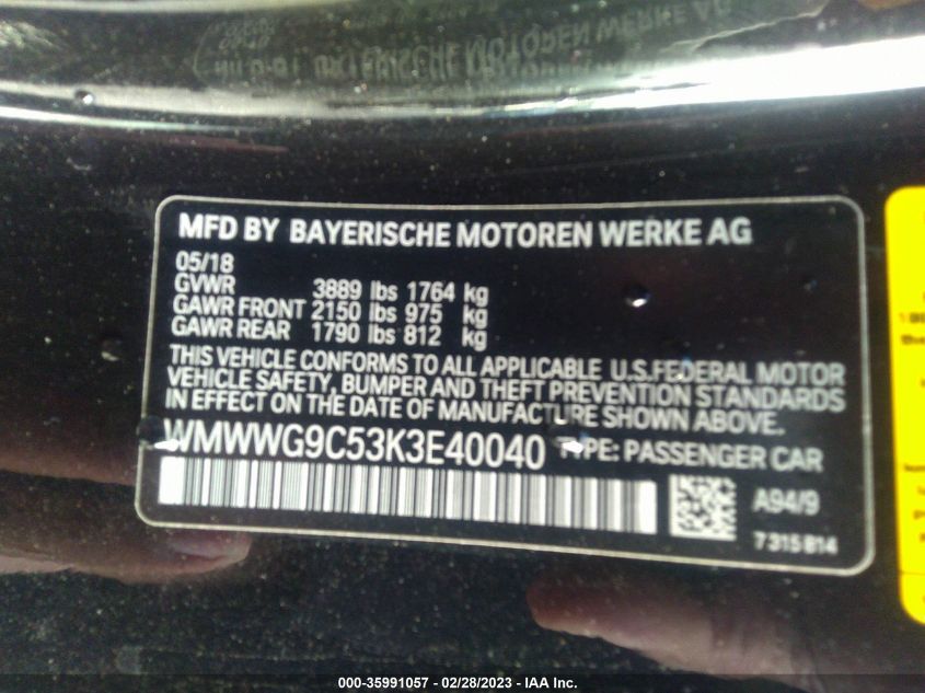 2019 MINI CONVERTIBLE COOPER S WMWWG9C53K3E40040