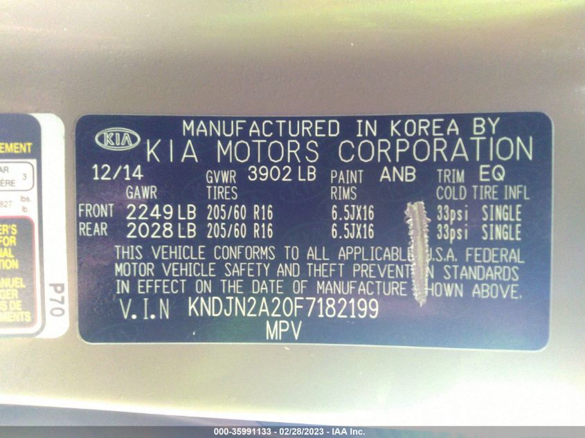 2015 KIA SOUL BASE - KNDJN2A20F7182199