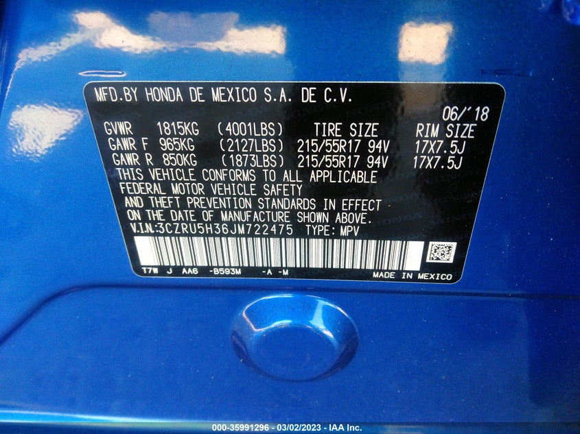 VIN 3CZRU5H36JM722475 2018 HONDA HR-V LX