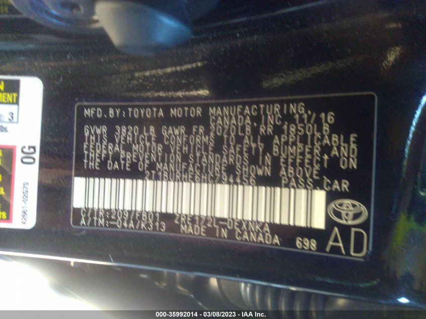 2017 TOYOTA COROLLA L/LE/XLE/SE - 2T1BURHE6HC794456