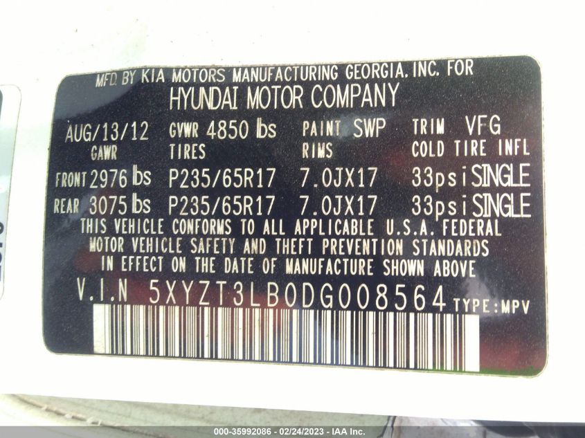 2013 HYUNDAI SANTA FE SPORT - 5XYZT3LB0DG008564