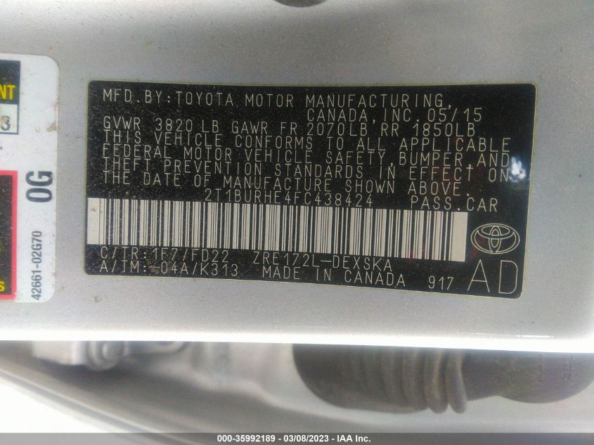 2015 TOYOTA COROLLA L/LE/S/S PLUS/LE PLUS - 2T1BURHE4FC438424