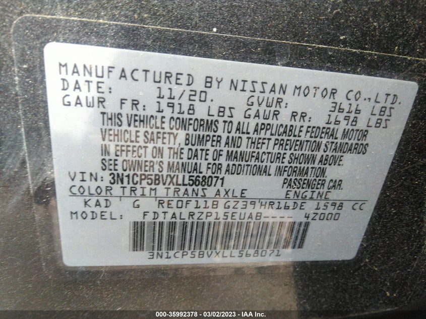 VIN 3N1CP5BVXLL568071 2020 NISSAN KICKS S