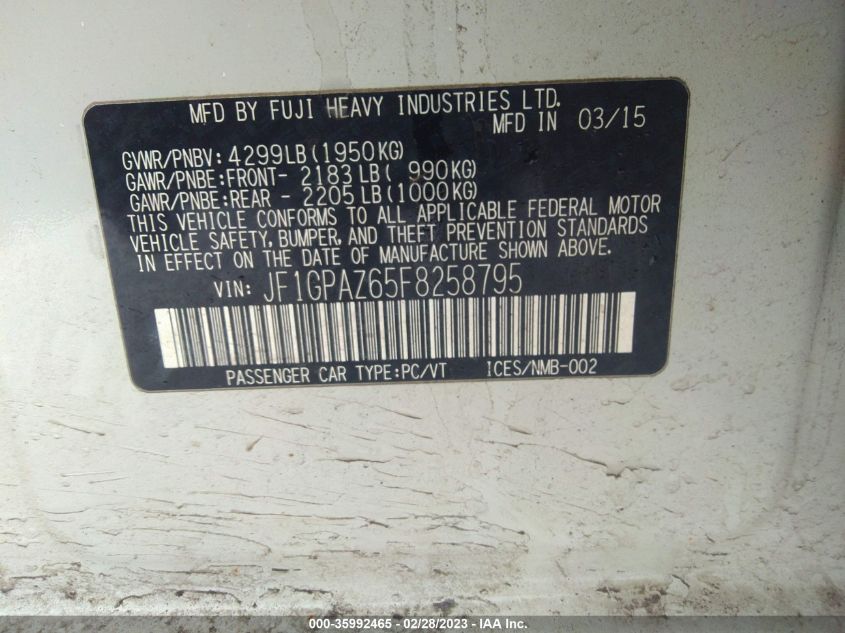 2015 SUBARU IMPREZA WAGON 2.0I SPORT LIMITED - JF1GPAZ65F8258795