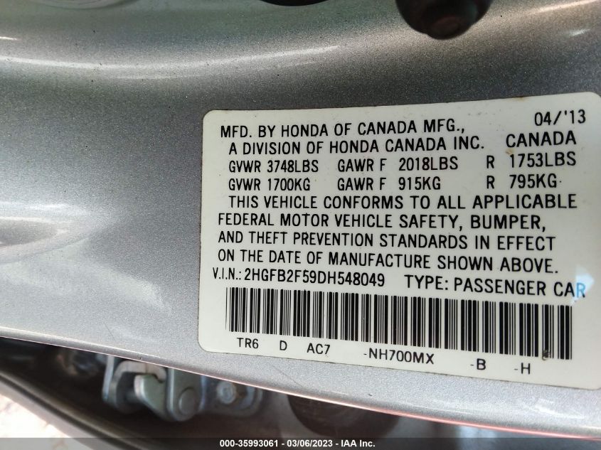 2013 HONDA CIVIC SDN LX - 2HGFB2F59DH548049