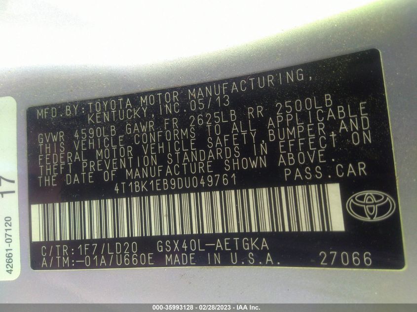 2013 TOYOTA AVALON XLE/LIMITED - 4T1BK1EB9DU049761