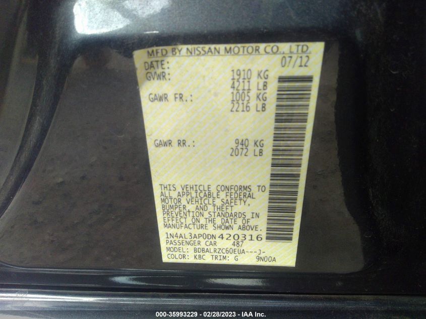2013 NISSAN ALTIMA 2.5 S - 1N4AL3AP0DN420316