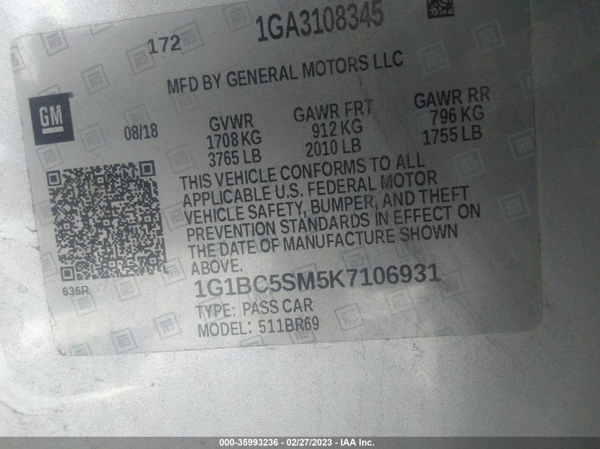 2019 CHEVROLET CRUZE LS - 1G1BC5SM5K7106931