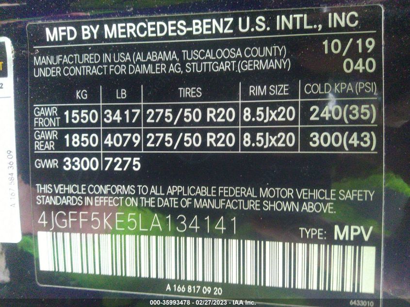 2020 MERCEDES-BENZ GLS GLS 450 - 4JGFF5KE5LA134141