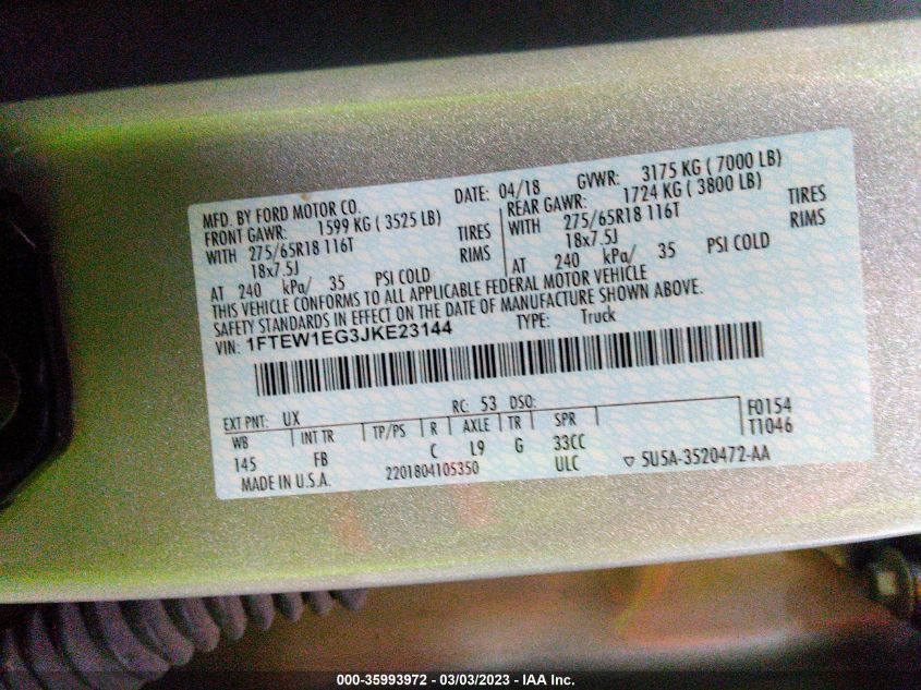 2018 FORD F-150 XL/XLT/LARIAT - 1FTEW1EG3JKE23144