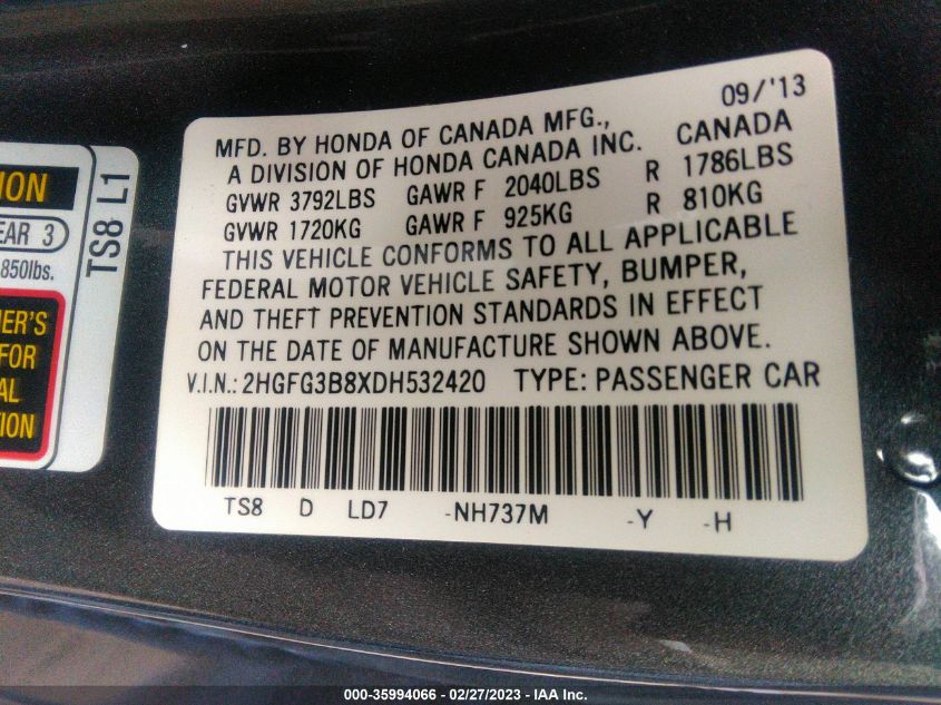 2013 HONDA CIVIC CPE EX 2HGFG3B8XDH532420