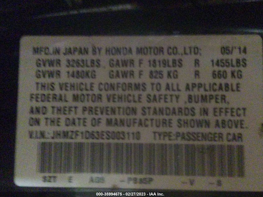 2014 HONDA CR-Z EX JHMZF1D63ES003110