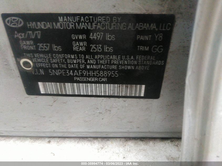 2017 HYUNDAI SONATA SPORT - 5NPE34AF9HH588955