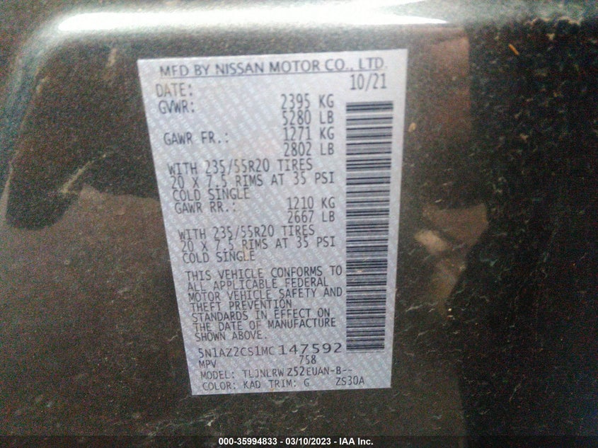 VIN 5N1AZ2CS1MC147592 2021 NISSAN MURANO SL
