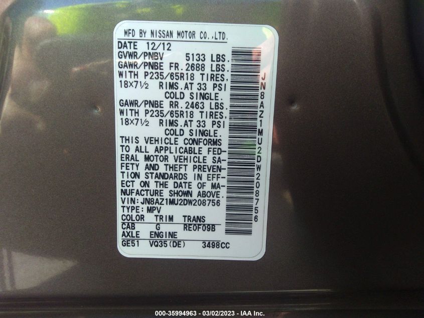 2013 NISSAN MURANO SV - JN8AZ1MU2DW208756